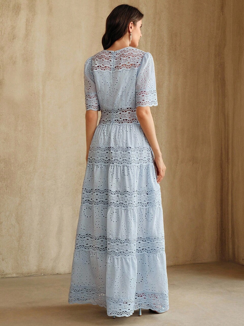 Women's Elegant Lace Patchwork Dress, Blue Long A-Line Bohemian Vacation Dress