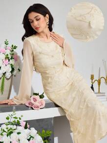 Modelyn Damen Mode 3D Blumen Dekor Midi-Kleid, Kleid mit gemischtem Material Paneel Splice, Stilvolle lässige Damen Outfits für Herbst, Süße, bescheidene Vintage Damen Outfits, Outfits für Schulanfang, Schulanfang Kleider, Outfits für Lehrerinnen