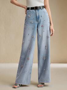 Anewsta 水钻装饰休闲百搭女式阔腿牛仔裤，日常穿着 - 白色 - 查看 6