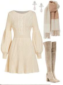 Ellevyn 女士休闲扭纹图案圆领长袖针织毛衣连衣裙，冬季，秋季服装 - 杏色 - 查看 7