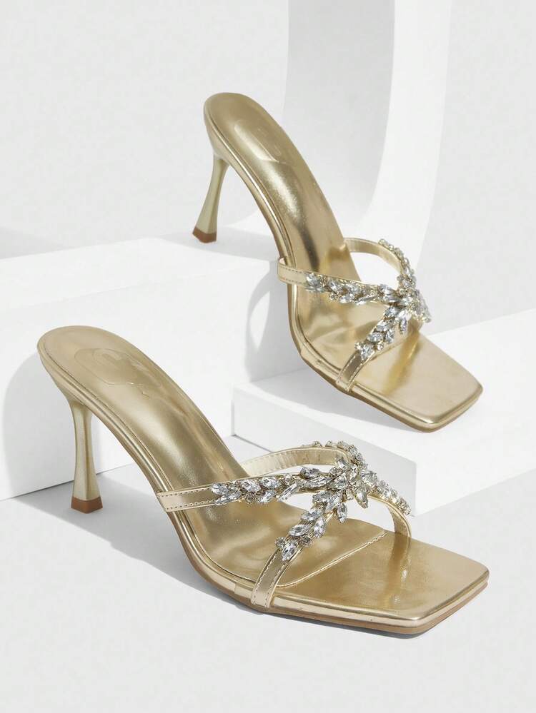 CUCCOO SZL Women's High Heel Sandals With Multi-Strap Rhinestones, Square Toe Slim Stilettos, Shallow Gold PU Metallic Material, Sexy Style High Heel Sandals For Christmas Spring Shoes Prom Heels Summer Shoes