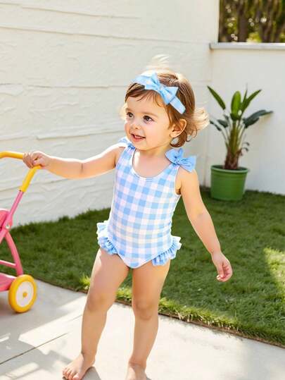 SHEIN 女婴夏季度假沙滩格子蝴蝶结装饰连体泳衣