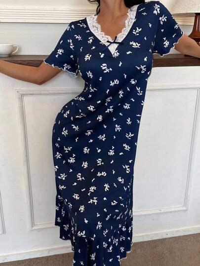 CottageSlumber Romantic Flora Ditsy Bloemen Ruffle Kanten Splicing Neck Zachte Milk Zijden Mid Length Ladies Home Com Tafel Nightgown, Marine Vintage Pajama Dress, Moo Cozy Elegante view 3