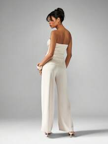 MISSGUIDED Professional Business Corset Style Tailored Two Piece Suit Wide Leg Pants Set Formal Wedding Guest Work Office Occasion Wear Evening Party Outfit Set Sleeveless Button Detail - Apricot - View 2