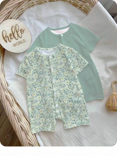 SHEIN Nyfödd baby unisex tryckt sparkdräkt, lämplig för sommaren