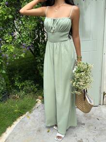 SHEIN EZwear Women's Green Casual Waist Tie Wide Leg Sleeveless Jumpsuit For Vacation