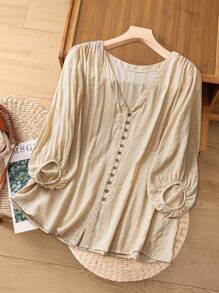 Linhara Plus Size Casual Solid Color Long Sleeve Shirt, Suitable For Summer - Apricot - View 1