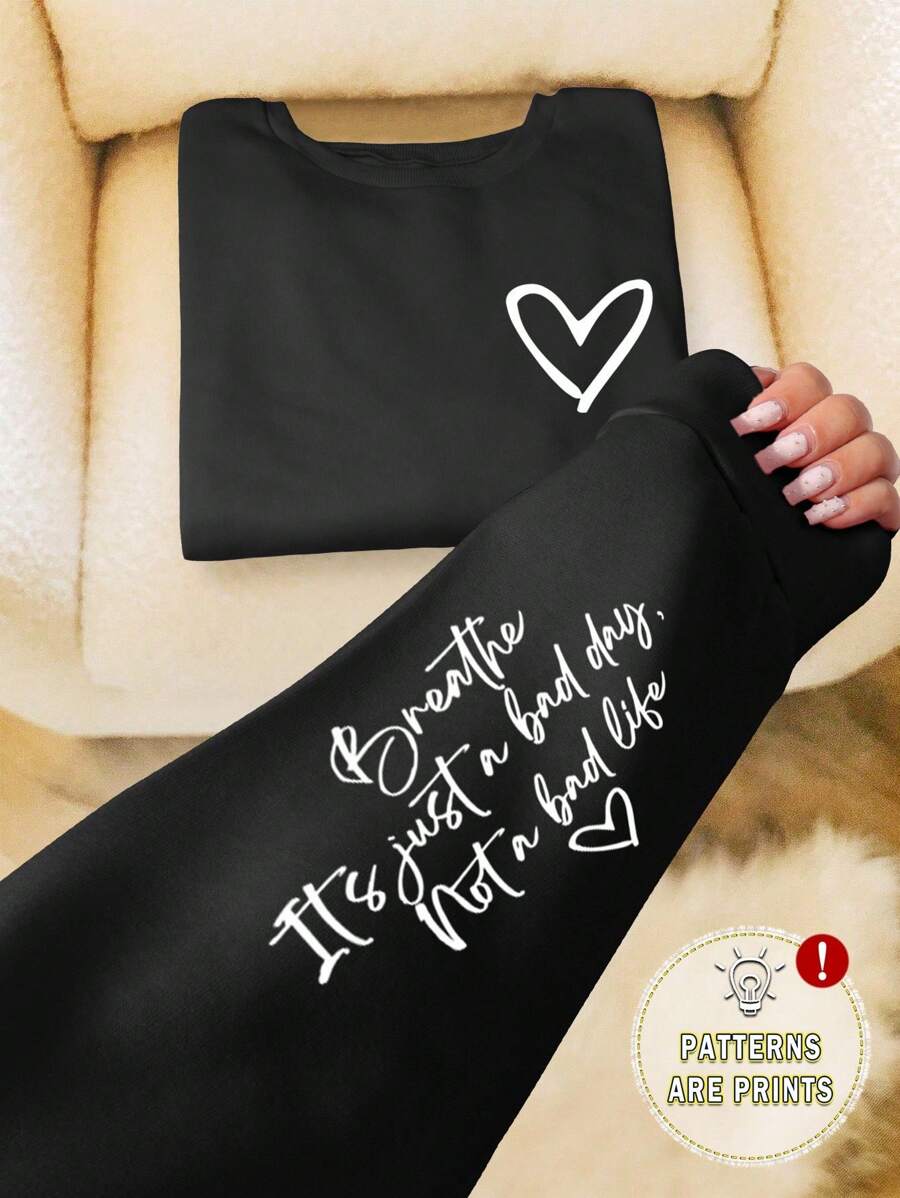 INAWLY 心形和英文字母印花女士长袖圆领卫衣，休闲套头衫，适合秋冬季毕业季、返校季、毕业典礼、教师节等场合穿着。 - 黑色 - 查看 1