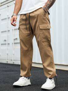 Manfinity Homme Quần Cargo cạp chun màu trơn đơn giản có túi nắp cho nam - Màu Khaki - Xem 7