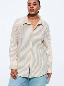 Maija 大码米色条纹休闲百搭商务通勤长袖衬衫秋季女装秋装返校服装返校节朴素复古服装女装老钱女士教师浪漫、时尚、百搭；舒适、时尚、优雅、休闲、简约日常穿着、必备、纯色、假日休闲、得体、单身女士、优雅时尚商务休闲女装外出上衣毕业教师女士秋季女装秋装大码秋季女装秋装返校服装返校节女士冬季女士冬季 - 彩色 - 查看 3