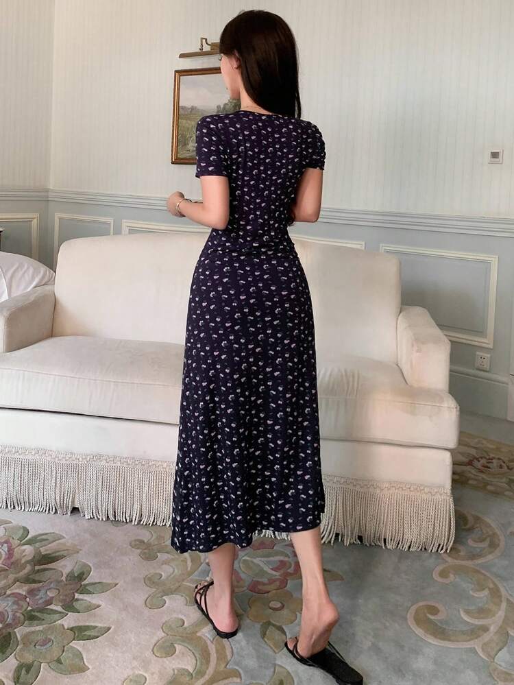 Ditsy Floral Long Knit Cinched Waist Sleepshirt For Women Pajama
