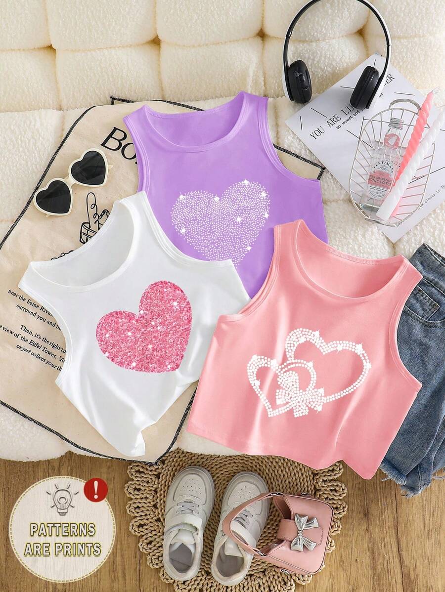 Sparklyn 3件套心形印花时尚背心，适合少女 - 白色 - 查看 1