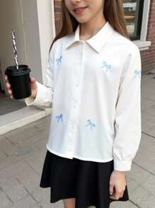 Genkimix Kids Girls Casual Fashionable Everyday Minimalist Turn-Down Collar Long Sleeve Loose Bow Embroidery Design White Shirt, Versatile Top For Back To School, Autumn Fall Winter