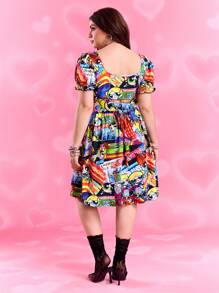 THE POWERPUFF GIRLS X SHEIN 大码女式休闲街头时尚花朵、泡泡、毛茛图案甜心领泡泡袖抽绳腰连衣裙，夏季 - 彩色 - 查看 2