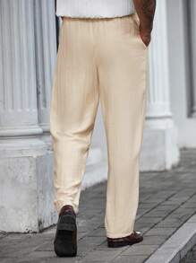 Manfinity Mode 大码男士纯色松紧腰口袋宽松直筒休闲裤 - 杏色 - 查看 2