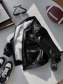 SHEIN Young Boys' Black Casual Thick Thermal Lined Padded Jacket, Versatile For Back To School Season, Autumn/Winter Fall - Black - View 4