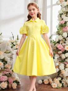 Tween Girl Front Button 3D Floral Decor Short Sleeve Dress - Yellow - View 9