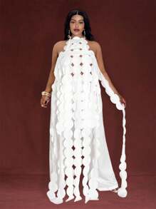 Veslaya White Romantic Laser Cut Top & Wide Leg Pants 2Pcs Set, Spring/Summer - White - View 1