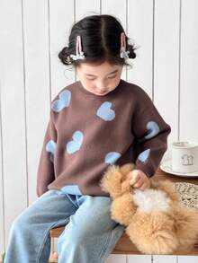 SHEIN Baby Girls' Casual Heart Pattern Drop Shoulder Sweater, Autumn/Winter - Multicolor - View 6