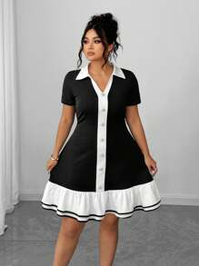 Elenzga V 领黑白撞色荷叶边腰部修身迷你连衣裙，优雅紧身晚礼服（加大码） - 黑與白 - 查看 3