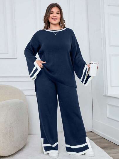 EURMUSE 1pc Contrast Trim Drop Shoulder Sweater & 1pc Knit Pants