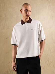 Sumwon Club 优质拉链领 Polo 衫罗纹饰边短袖休闲网球高尔夫复古风格常规版型夏季春季 - 杏色 - 查看 1