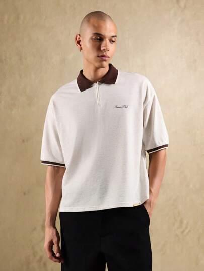  Sumwon Club 优质拉链领 Polo 衫罗纹饰边短袖休闲网球高尔夫复古风格常规版型夏季春季