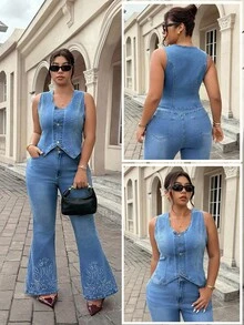 SHEIN ICON Fashionable Casual Embroidered Washed Elastic Sleeveless Jacket - Light Wash - View 1