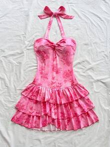 Soleia 女式复古紫红色花卉素描印花褶饰挂脖系带蝴蝶结层叠荷叶边下摆迷你连衣裙，适合度假、约会、下午茶、海滩、游轮、城市度假、音乐节、波西米亚风度假 - 粉色 - 查看 5