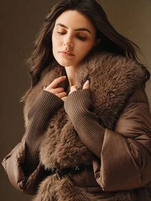 Anewsta Women's Luxurious Faux Fur Collar Lantern Sleeve Thickened Fashion Jacket - Brown - View 5