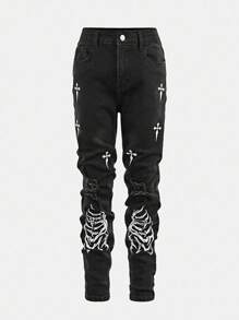 修身骷髅十字架印花男童牛仔裤，可调节腰围，经典五口袋设计，充满万圣节氛围，街头风必备单品 - 黑色 - 查看 5