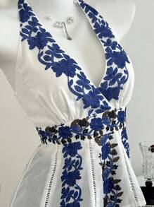 Elamini 蓝白印花拼布荷叶边挂脖系带度假休闲女式背心 - 白色 - 查看 5