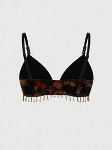 ROMWE Hippie Parte superior sin mangas de mujer de terciopelo con estampado de paisley, con adorno de cuentas de madera y flecos, adecuada para usar con faldas o pantalones, ropa de vacaciones