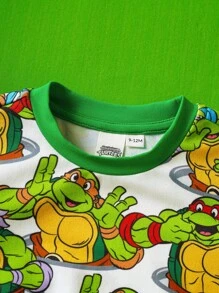 TEENAGE MUTANT NINJA TURTLES | SHEIN 男婴酷炫卡通海龟印花撞色袖口长袖连体裤 - 綠色 - 查看 3