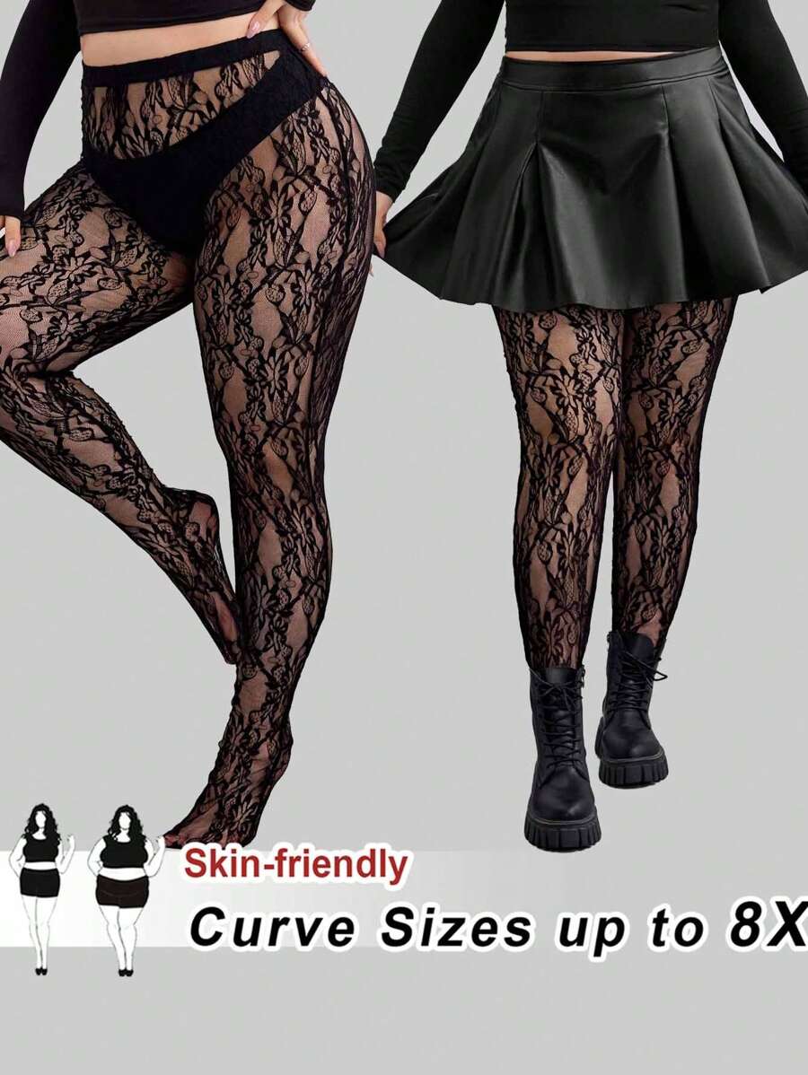 SHEIN CURVE+ Curves 加大码/学校服装/返校服装/返校大码性感弹力透明蕾丝连裤袜、紧身裤、万圣节、返校季 - 黑色 - 查看 1