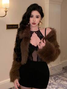 DAZY 女士仿毛皮宽松休闲商务外套，适合新年、圣诞节、婚礼、派对、时尚场合，秋冬季女式外套 - 棕色 - 查看 6