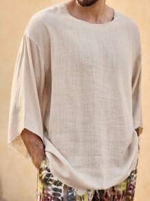 EASEVO Plus Size Men's Casual Woven 7/8 Sleeve Round Neck T-Shirt, Suitable For Summer
