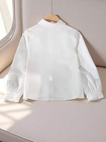 Genkimix Kids Girls Casual Fashionable Everyday Minimalist Turn-Down Collar Long Sleeve Loose Bow Embroidery Design White Shirt, Versatile Top For Back To School, Autumn Fall Winter