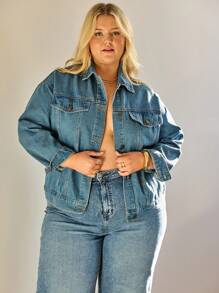 Aralina Autumn/Winter/Fall Plus Casual Classic Button-Down Denim Jacket Perfect For Going Out Outfits And Country Concert Outfits And Teacher Outfits - Light Wash - View 4