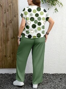 EMERY ROSE Set informal de 2 piezas con estampado de puntos verdes y textura, adecuado para el verano, tallas grandes - Verde - Ver 2