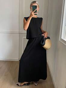 DAZY Bộ đồ gồm áo croptop không tay xếp ly ôm sát người màu trơn và chân váy cạp chun, kiểu dáng thường ngày cho kỳ nghỉ hè của nữ. - màu đen - Xem 5