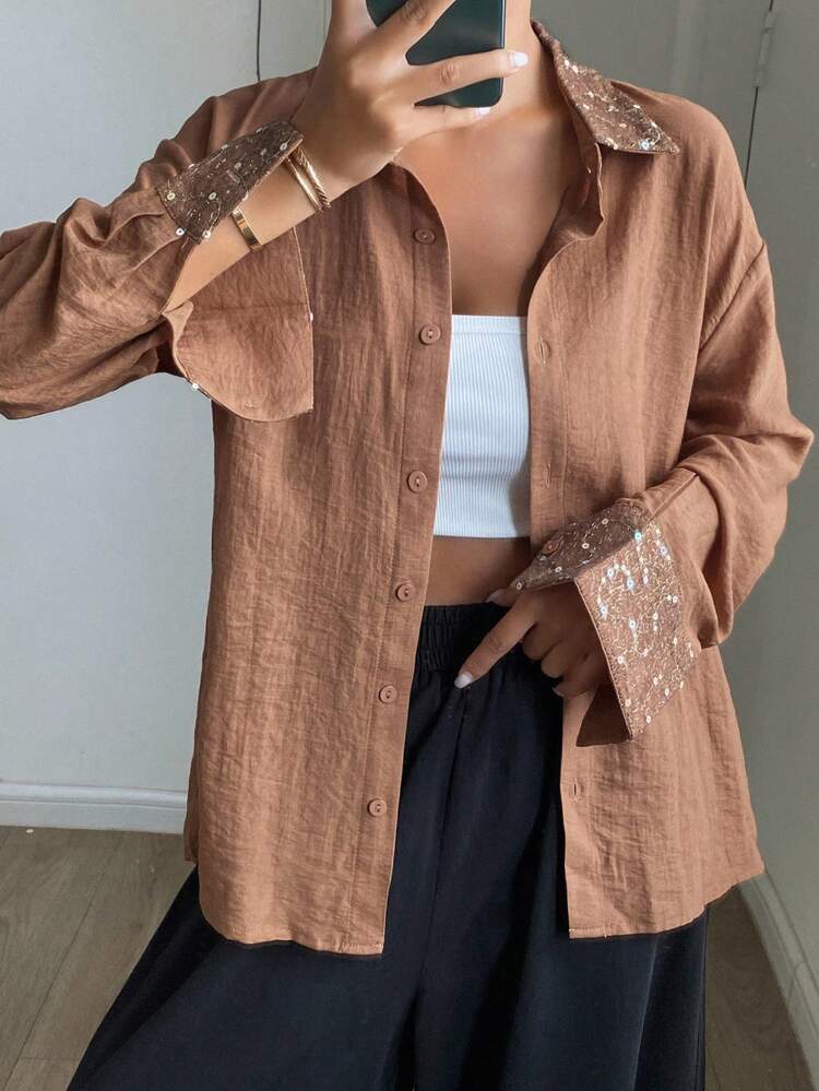 Women's Solid Color Sequin Patchwork Loose Long Sleeve Casual Holiday Blouse, Autumn