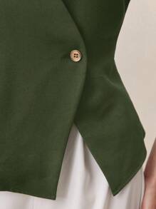 BizChic 2025 Autumn New Sage Green Metal Button V-Neck Short Sleeve Women's Blouse, Modern Elegant Urban Romantic Refined Rustic Music Festival Vintage Style, Airport Travel Wedding Guest Birthday Halloween Business Casual Office Date Party Outing Back To School Fall - Army Green - View 3