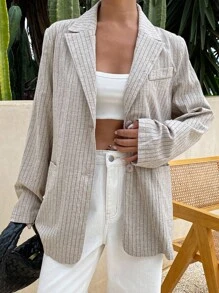 Livesso 女士亚麻宽松休闲条纹长袖西装外套，秋季女装商务装 - 灰色 - 查看 1