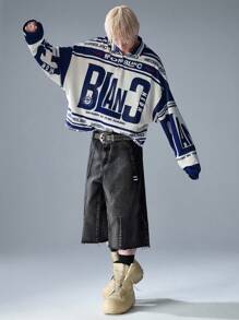 NEON BLANC 男士街头风格针织长袖印花 Polo T 恤，秋季 - 藍白色 - 查看 3