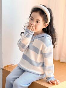 SHEIN Young Girls Casual Blue & White Striped Hooded Sweater And Pants Set School TopYoung Girlrl Clothes Kids Girl Outfit Cute Tops Graphic Tees Girls Sweater Sets Girls Knit Set Winter Young Girls Sets Young Girls Striped Knit SeYoung Girlrl Knit Set Winter Girls Sets Girls Hooded Sweater Set Fall