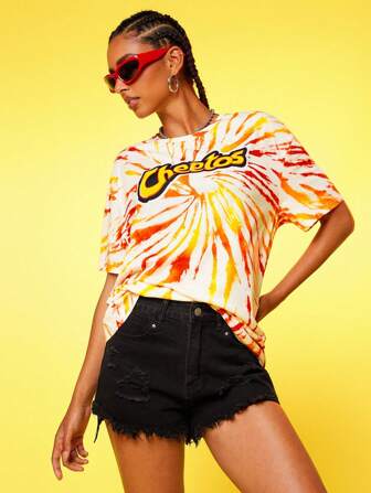 Cheetos X SHEIN Women's Casual Letter And Tie-Dye Printed Oversized Drop Shoulder T-Shirt, Summer