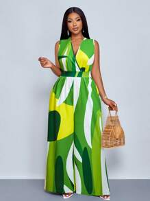 SOLERSUN 加大码女式无袖叶花卉印花松紧腰 V 领连体裤，适合春夏季度假和日常穿着，连体裤 - 綠色 - 查看 7