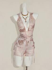 SHEIN ICON 女式复古纹理谷仓风格连帽腰带露背性感连体裤 - 杏色 - 查看 3