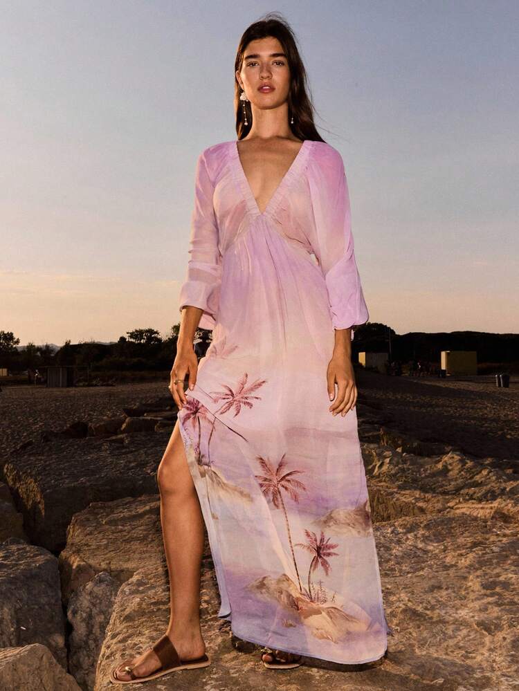 SHEIN Maija Women's Multi-Color Vacation Printed Casual Dress, V-Neck Drop Shoulder Long Sleeve Flared Dress,Comfortable & Loose Fit, Suitable For Vacation, Beach, Holiday, Ibiza Style All-Match Summer Clothing For All Seasons, Modern Holiday Fashion Design, Comfortable Beach Beach Clothing, Bohemian Style, Isabi Island Holiday Wear, Summer Dopamine Holiday Wear, Ins Same Style Holiday Style, Exotic Atmosphere, Country Concert, Western Style Clothing Beach Outfits For Woman